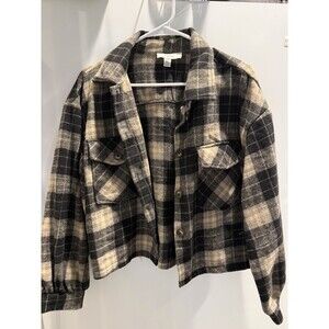C by one Women's Plaid Black Beige Short Button Jacket Long Sleeve M Pockets